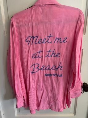 Surf Style hot pink beach swim cover up, button up shirt. Women’s Medium. EUC
